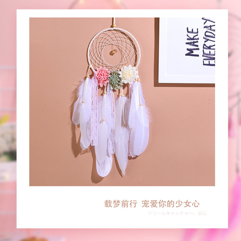 Wholesale Dream Catcher Pink Feather Flower Pendant MOQ≥2 JWE-DC-HuiXin007