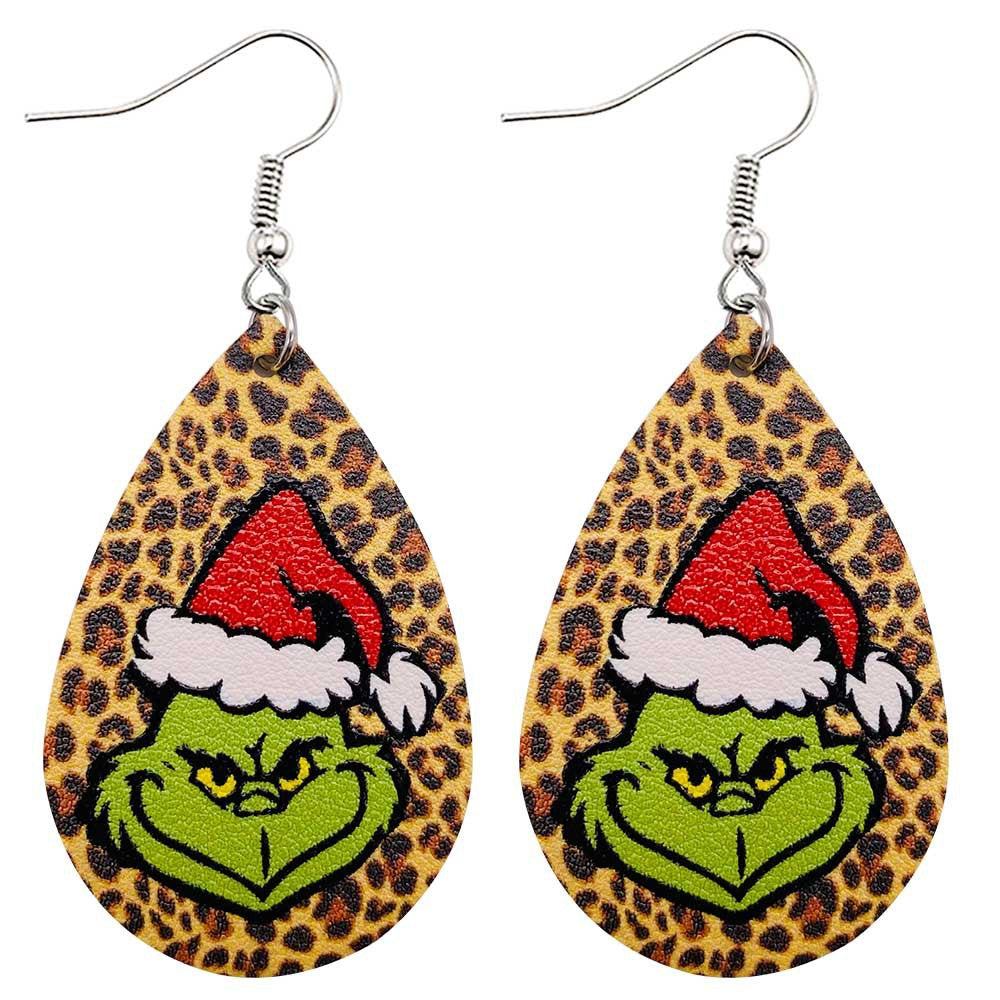 Wholesale Earrings Leather Christmas Green Frog Double Sided Print MOQ≥2 JWE-ES-PuCi001