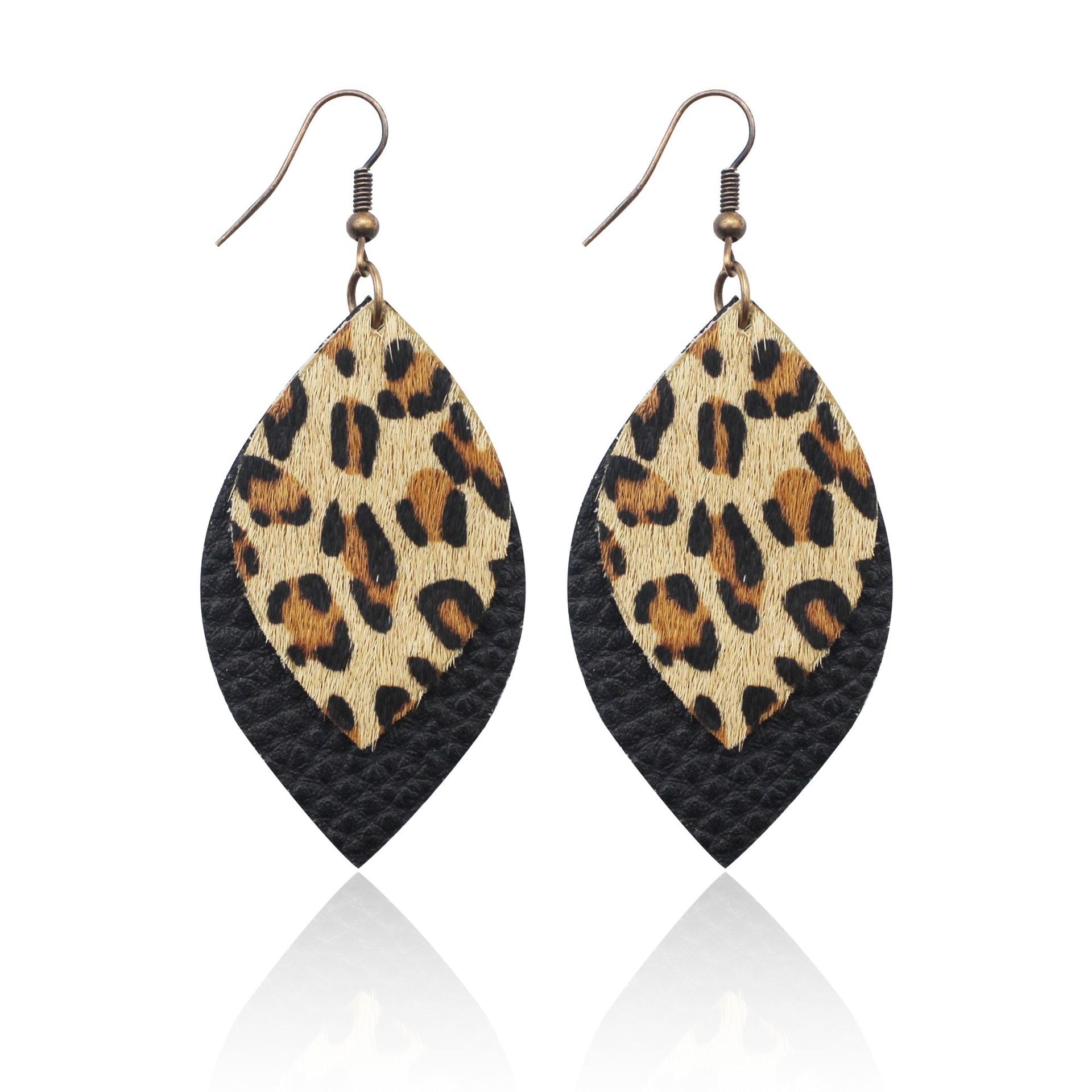 Wholesale Earrings Leather Leopard Print Black Lychee Double Layer MOQ≥2 JWE-ES-TianPi023