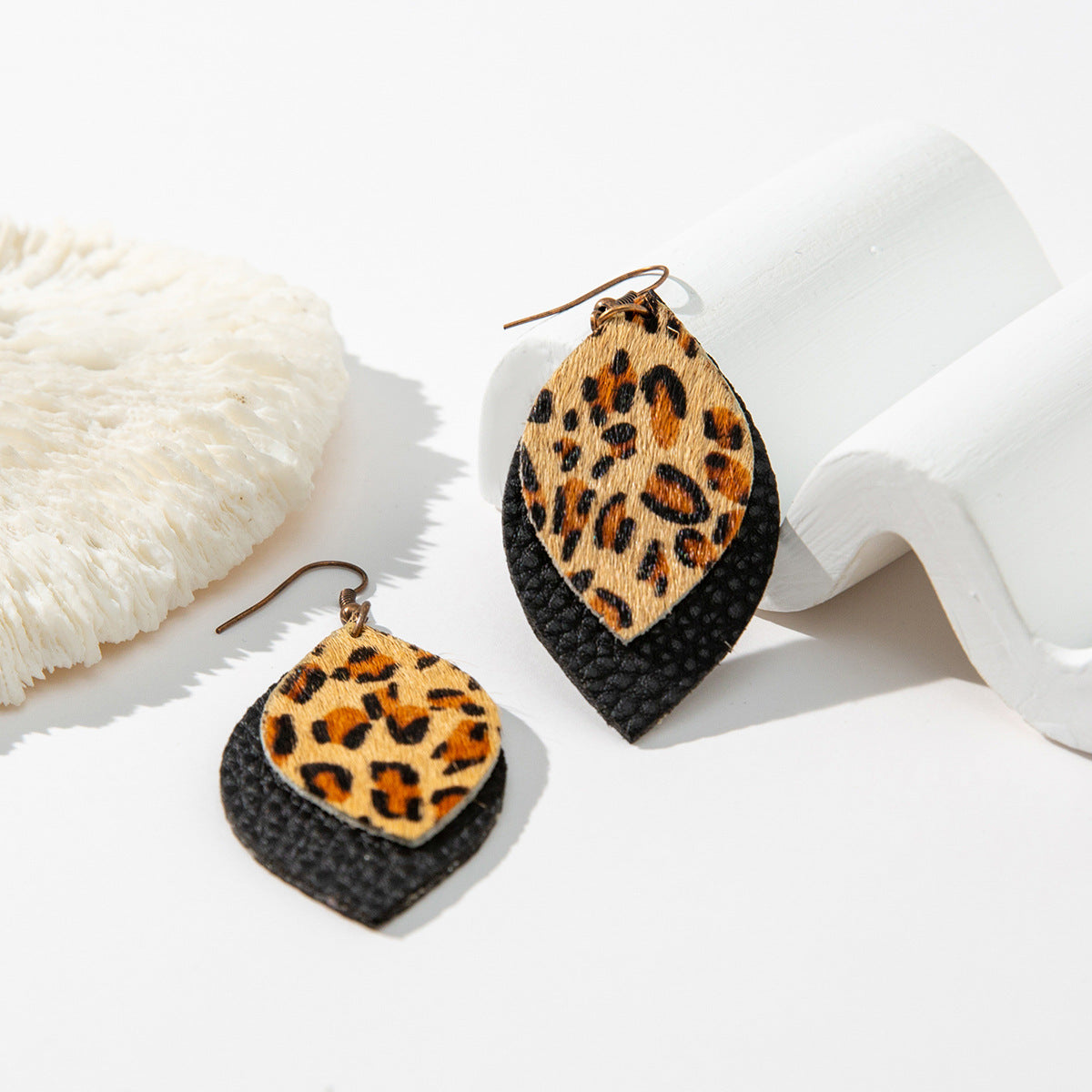 Wholesale Earrings Leather Leopard Print Black Lychee Double Layer MOQ≥2 JWE-ES-TianPi023