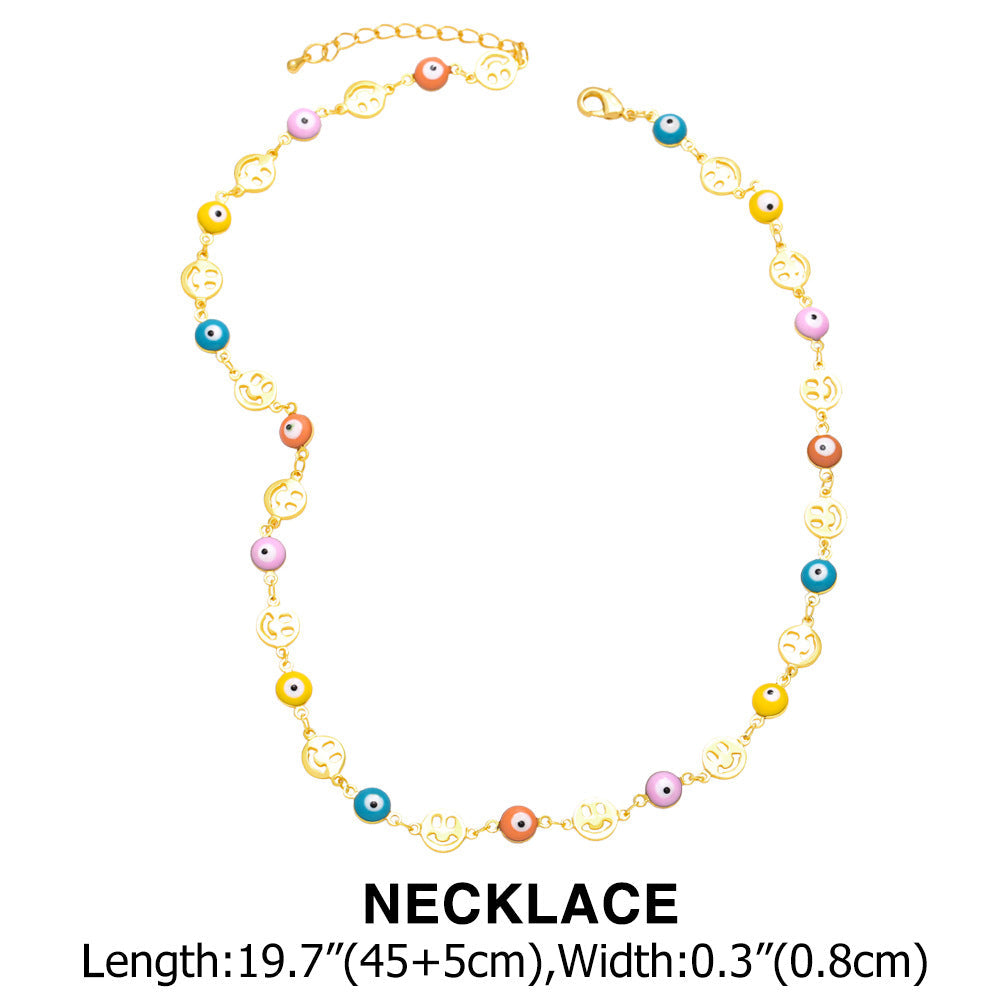 Wholesale Bracelet Copper Color Drop Oil Eyes Smiley Mosaic Necklace Set JWE-BT-AS163