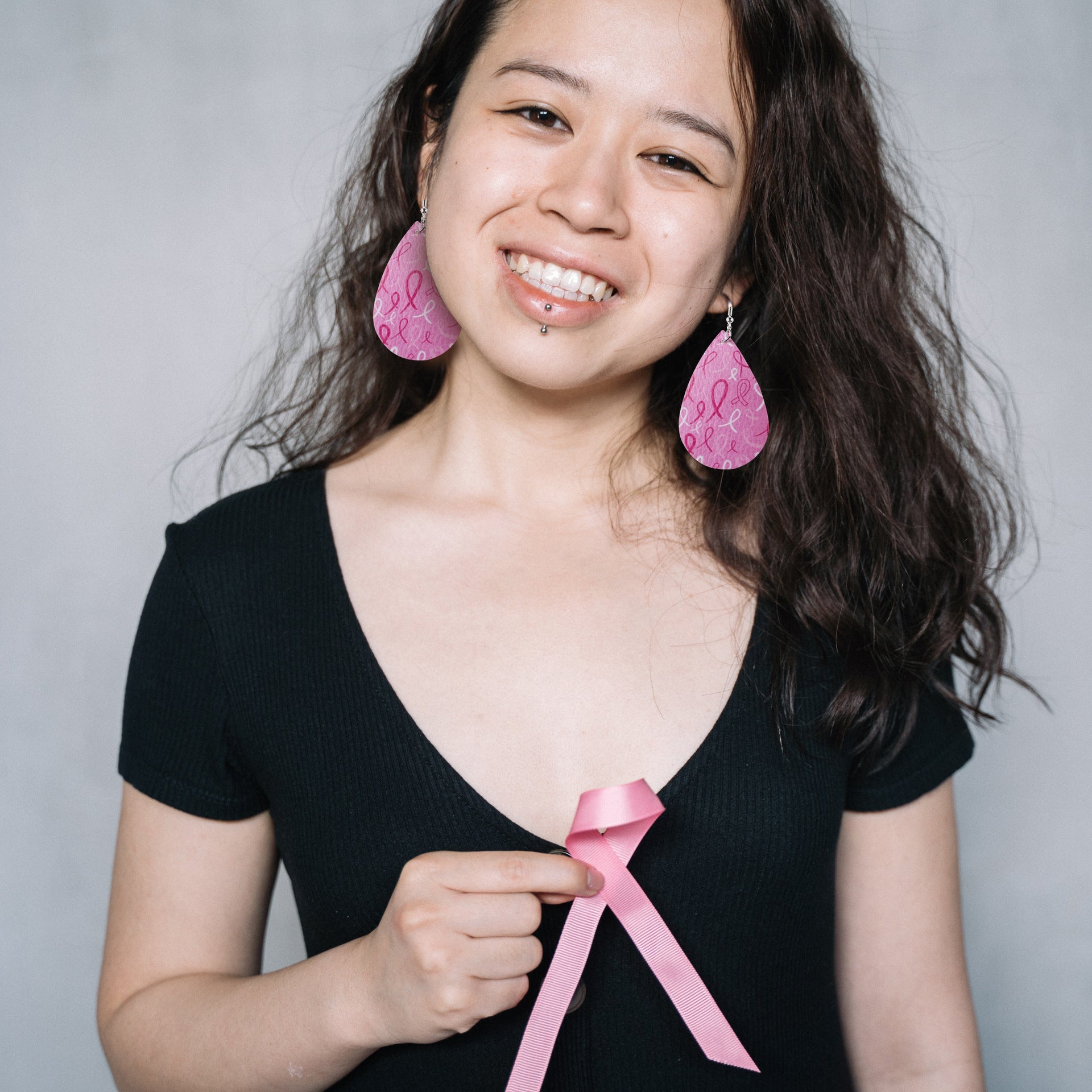 Wholesale Earrings PU Female Breast Pink Ribbon MOQ≥2 JWE-ES-Tianpi009