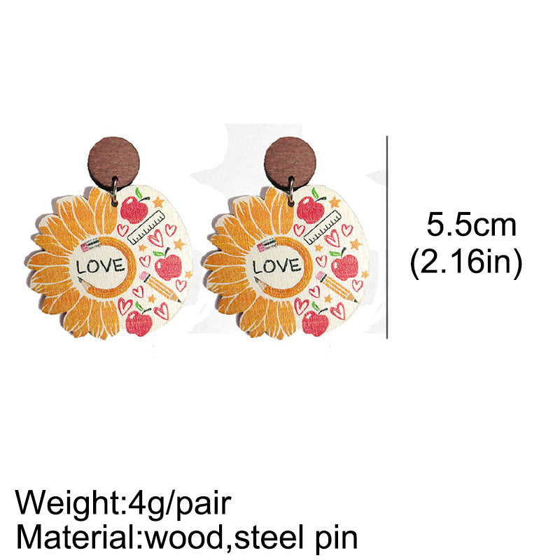 Wholesale Earrings Wooden Pencil Apple Sunflower 2 Pairs JWE-ES-Heyi061