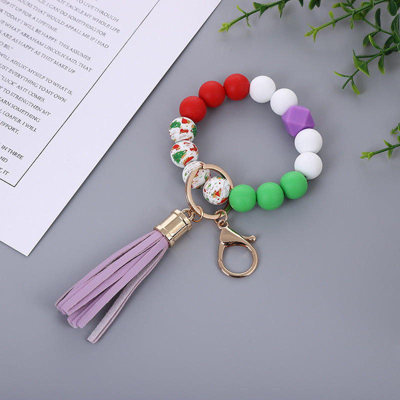 Wholesale Keychain Silicone Beads Christmas Tassel Wrist Keychain MOQ≥2 JWE-KC-QXue008