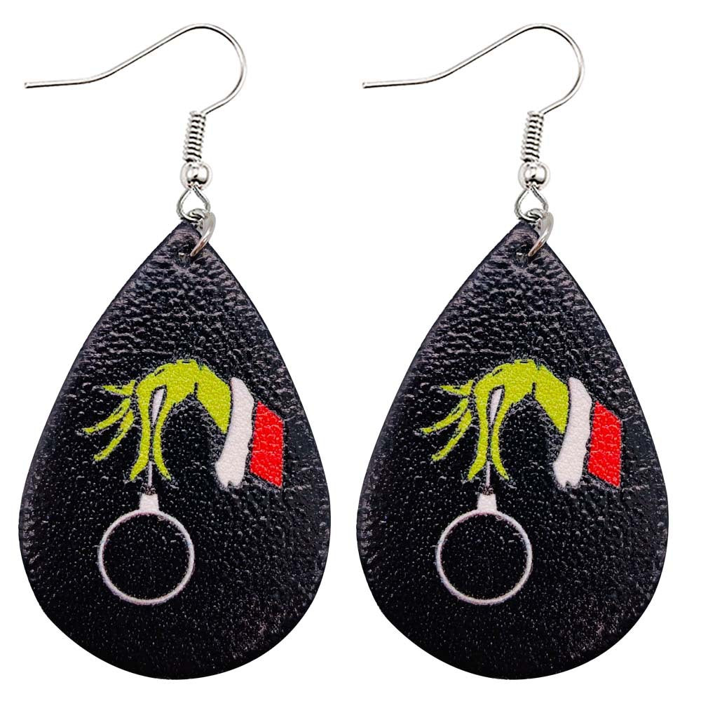 Wholesale Earrings Leather Christmas Green Frog Double Sided Print MOQ≥2 JWE-ES-PuCi001