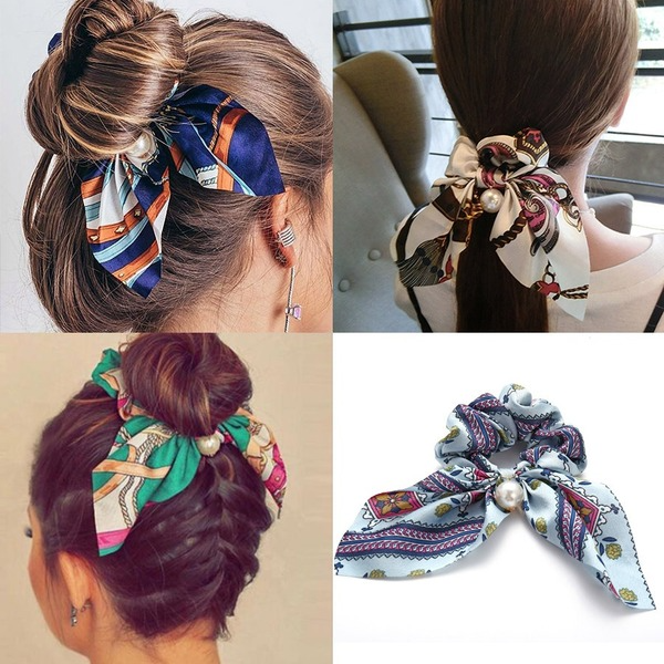Wholesale colorful fabric pearl pendant women's hair with knotted bow hair rope  JWE-HS-F310