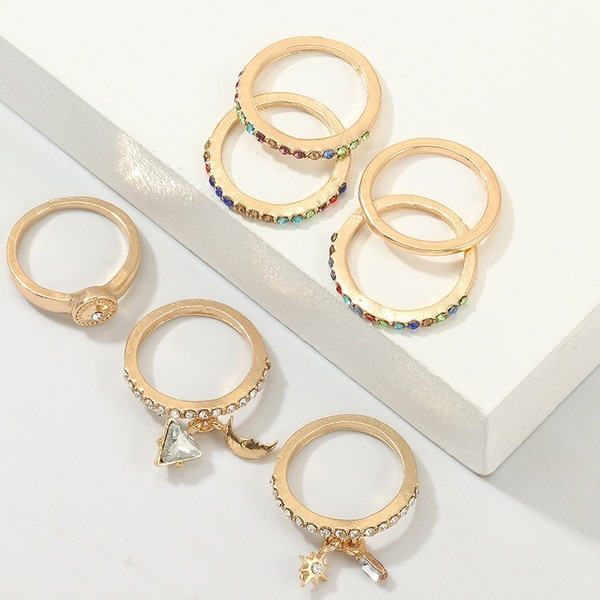 Wholesale gold alloy geometric color-encrusted diamond sun moon set ring JWE-RS-e030
