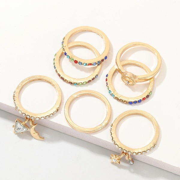 Wholesale gold alloy geometric color-encrusted diamond sun moon set ring JWE-RS-e030