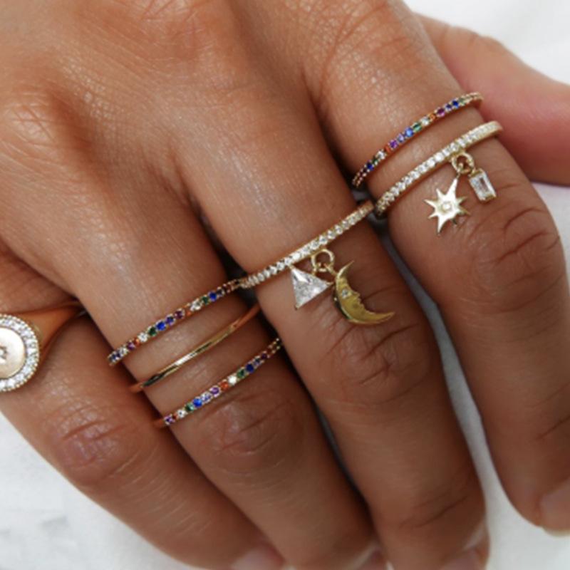 Wholesale gold alloy geometric color-encrusted diamond sun moon set ring JWE-RS-e030