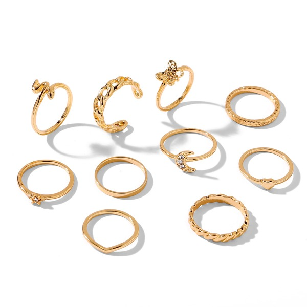 Wholesale gold chain vintage Rhinestone crescent butterfly love alloy ring JWE-RS-F362