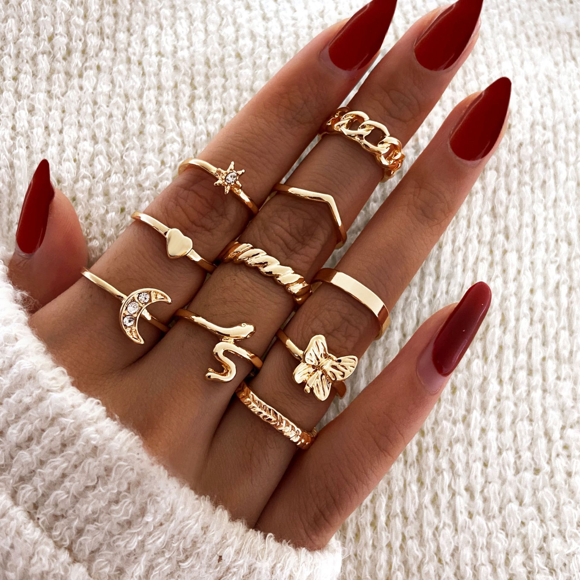 Wholesale gold chain vintage Rhinestone crescent butterfly love alloy ring JWE-RS-F362