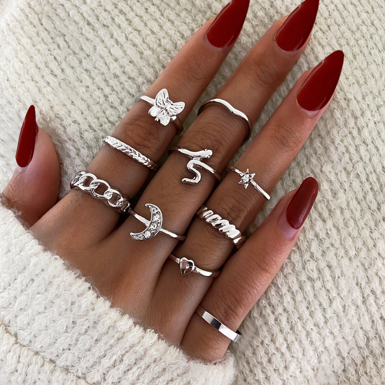 Wholesale gold chain vintage Rhinestone crescent butterfly love alloy ring JWE-RS-F362