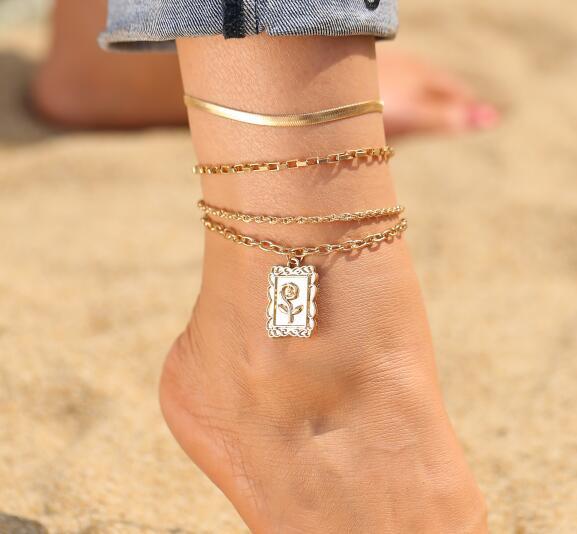Wholesale golden multi-layer snake bone chain rose tag anklet JWE-AS-F323