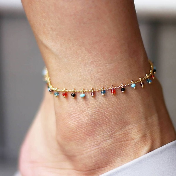 Wholesale retro simple rainbow color glass bead alloy Anklet JWE-AS-F399