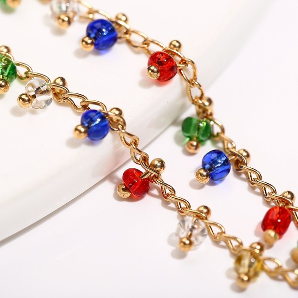 Wholesale retro simple rainbow color glass bead alloy Anklet JWE-AS-F399