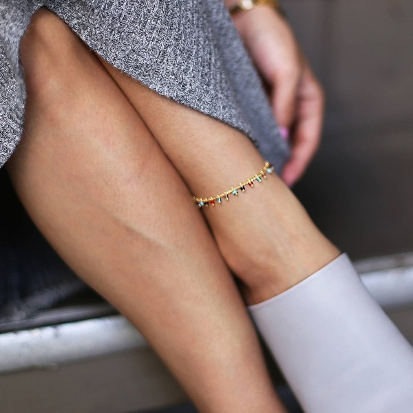 Wholesale retro simple rainbow color glass bead alloy Anklet JWE-AS-F399