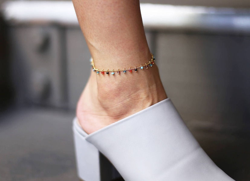 Wholesale retro simple rainbow color glass bead alloy Anklet JWE-AS-F399